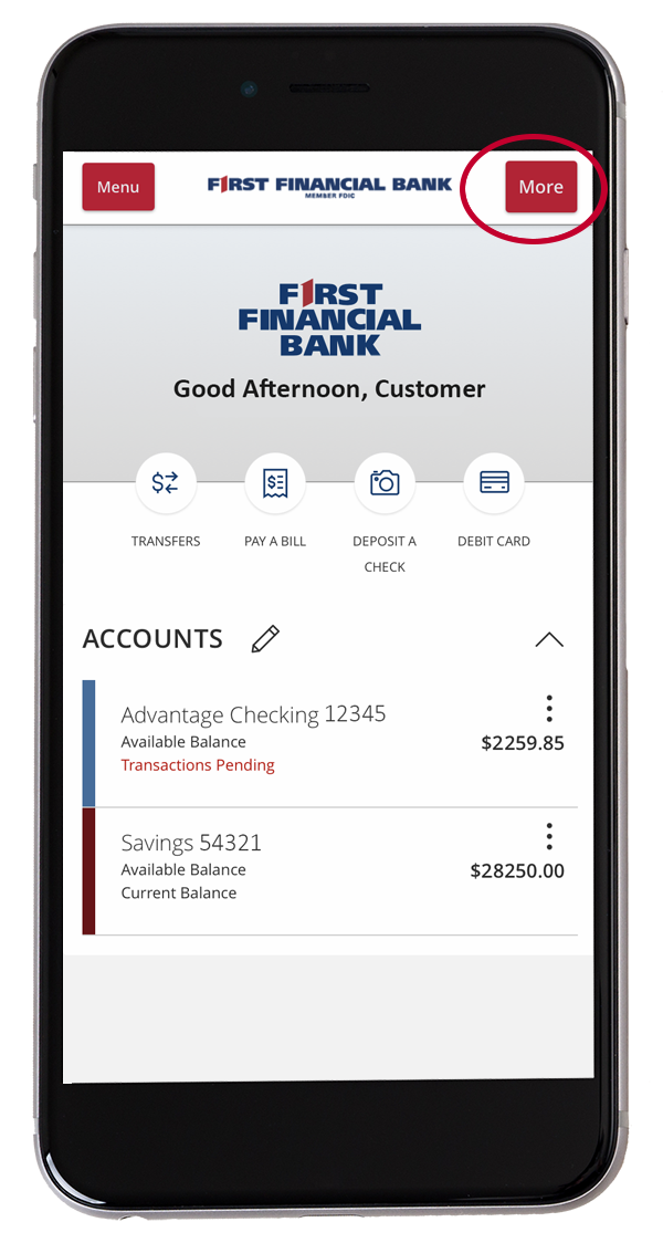 homepage of first financial bank mobile app