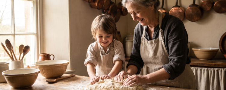 Photo of a grandmother baking with her grandson