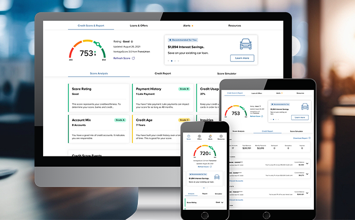 image of credit score reporting tool on three devices