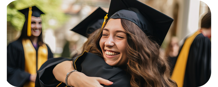 Photo of graduate hugging other graduate