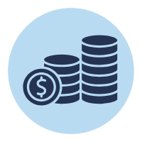 Icon of coins and dollars in shades of blue