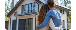 Foto de una pareja frente a su casa