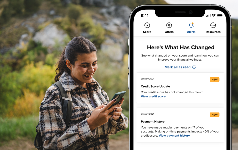 image of a hiker checking her credit score