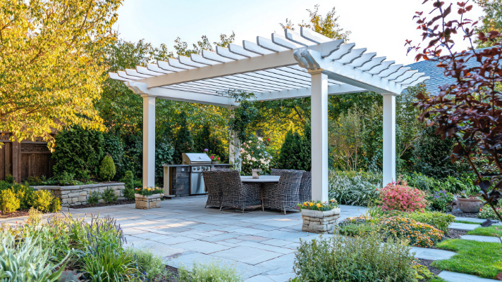 Foto de un paisaje exterior con una pérgola
