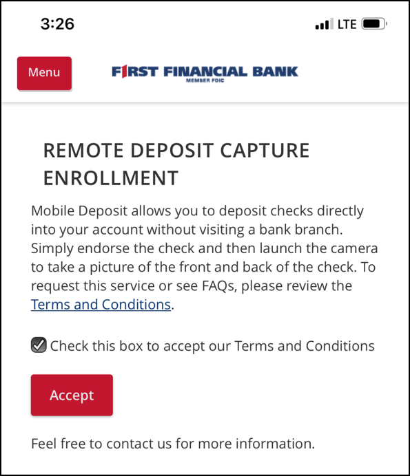 image showing to accept the terms and conditions of mobile deposit